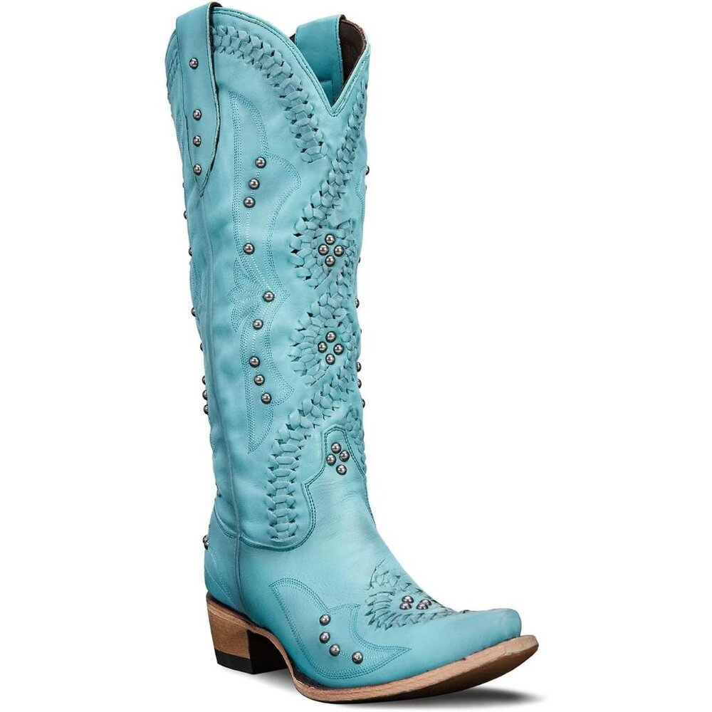 Women's Blue Knee High Western Cowgirl Boots Pointed Toe Chunky Heel Pull on - Picture 7 of 7